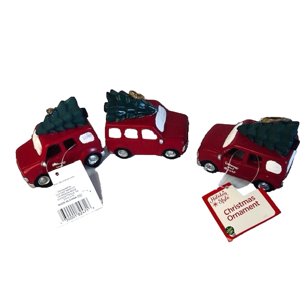 T J Maxx Merry & Bright 3 Red Ceramic Station Wagon w/Tree Ornament Light Up
